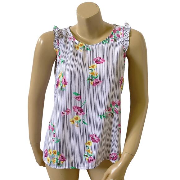 ELLE Womens Size XS Sleeveless Ruffled Striped Floral Print Tank Top Shirt - Picture 1 of 7